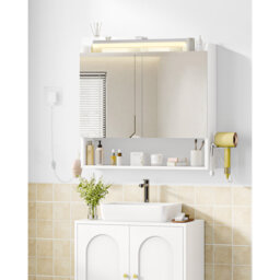 Bathroom Mirror Cabinet with LED Lights, Bathroom Wall Cabinet with Plug, Bathroom Cabinet, 2 Doors and Open Storage, Adjustable Shelf, Hair Dryer Hol