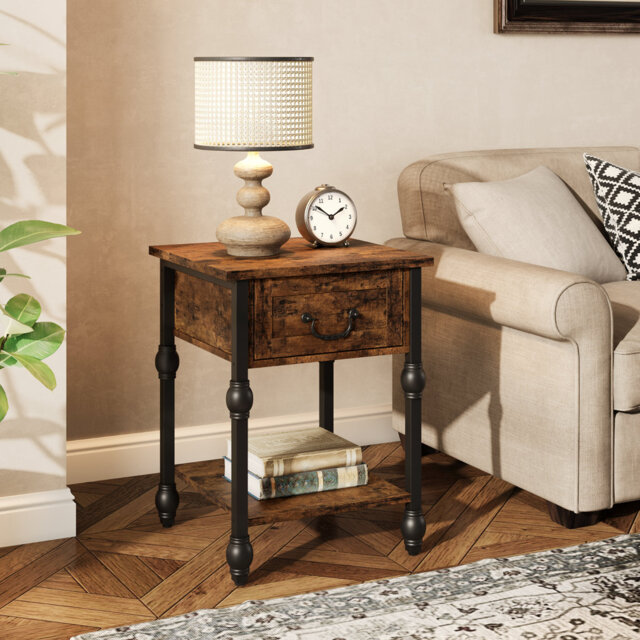 Industrial Rustic End Table with Storage Drawer - 2-Tier Nightstand & Bedside Organizer - Side Table for Living Room, Bedroom & Small Spaces - Easy As