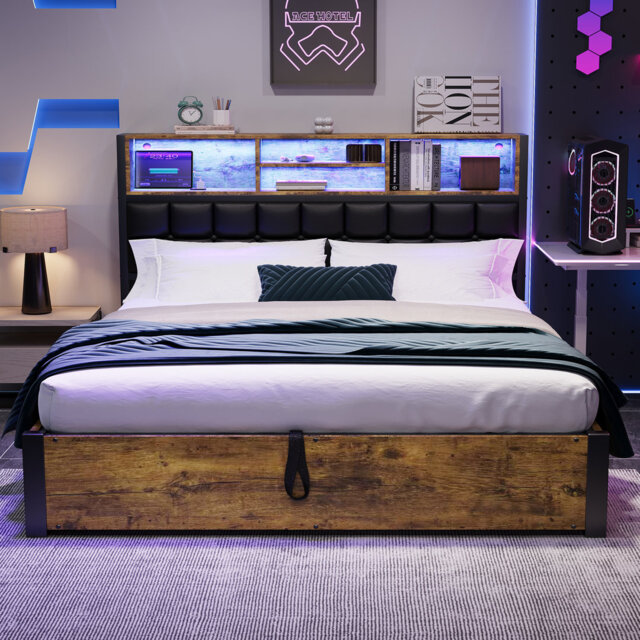 Platform bed frame, hydraulic bed, metal bed, with charging port and LED strip light, 4Ft6 double bed 135 x 190cm, headboard features a soft backrest