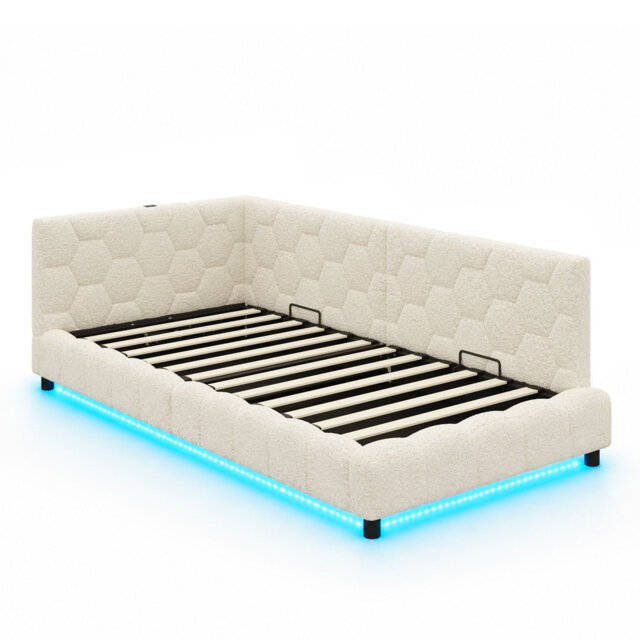 Single Boucle Side Opening Ottoman Storage Bed Frame with Smart RGB LED Lights & USB Charging Statio