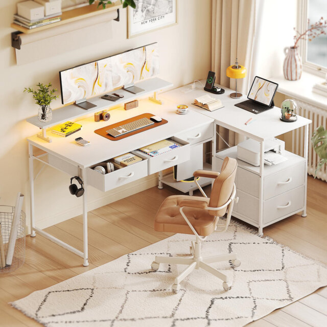 Large Computer Desk With 5 Fabric Drawers, Home Office Work Desk With Power Outlets & Monitor Stand, L Shaped Gaming Desk With CPU Stand, Reversible W
