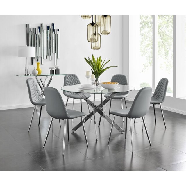 Tierra Modern Chrome Metal & Glass Round Dining Table Set with 6 Luxury Faux Leather Chairs