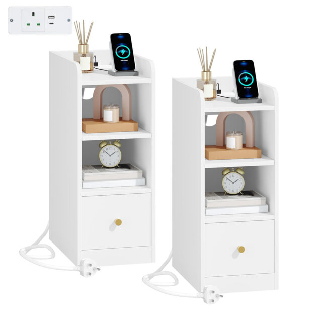 Slim Bedside Tables Set Of 2 With Charging Station, Narrow Bedside Cabinet With Drawer, USB & Type-C Ports, Nightstands With Adjustable Shelves For Be