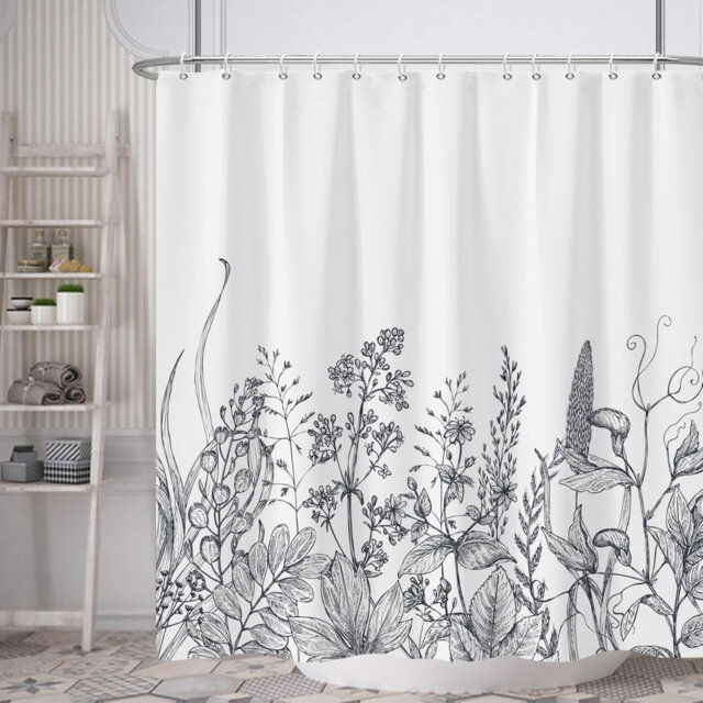 Pack of 1 Black and White Floral Minimalist Fabric Bath Curtain with Hooks