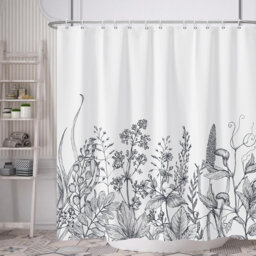 Pack of 1 Black and White Floral Minimalist Fabric Bath Curtain with Hooks