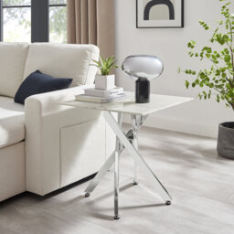 Atal Marble Effect Sofa Side Table - Glass Topped Metal Leg Small Table
