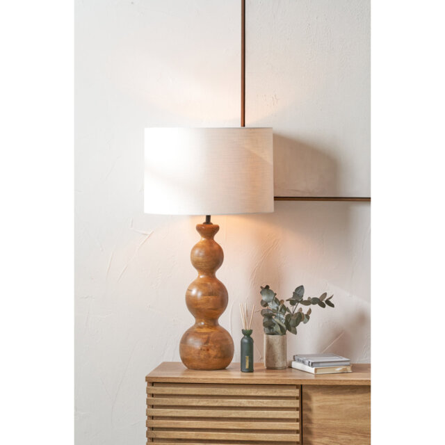 Biatriz Brown Oiled Finish Mango Wood 3 Ball Design Table Lamp Base with Lino 40cm White Self Lined Linen Cylinder Lampshade