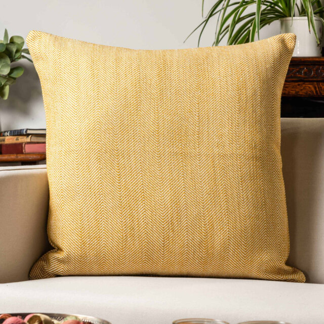 Faux Wool Linen Blend Herringbone Cushion in Ochre Yellow