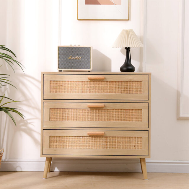 Ratten Chest Of Drawers,Storage 3 Drawer Dresser With Pine Legs,Freestanding Cupboard Organiser Unit