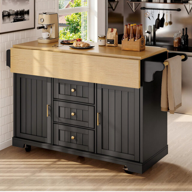 Kitchen Island 120 X 40 (80) X 95 Cm With 2 Doors And 3 Drawers Black