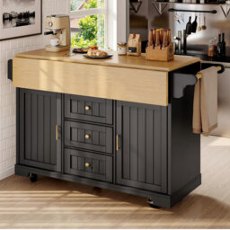 Kitchen Island 120 X 40 (80) X 95 Cm With 2 Doors And 3 Drawers Black