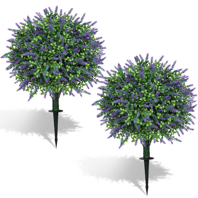 Artificial Lavender Flower Outdoor, 2 Pack Artificial Boxwood Topiary Ball, Fake Plants Plastic Shrubs Faux Evergreen Greenery for Front Door Garden I