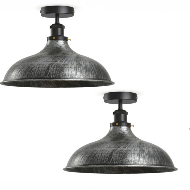2 Pack Industrial Ceiling Light E27 Flush Mount 36cm Brushed Silver Lampshade Metal for Living Room Bedroom Porch Café with Bulb