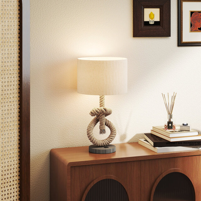 HOMCOM Nautical Table Lamp, Rope Lamp with USB Charging Port, Natural