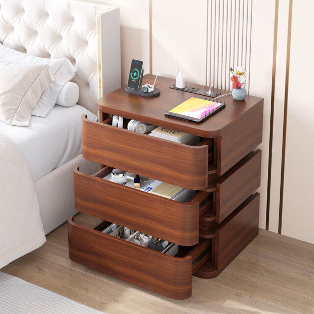 Fully Assembled 3-Drawer Nightstand with Charging Station and Motion Sensor RGB Light, Curved Profil