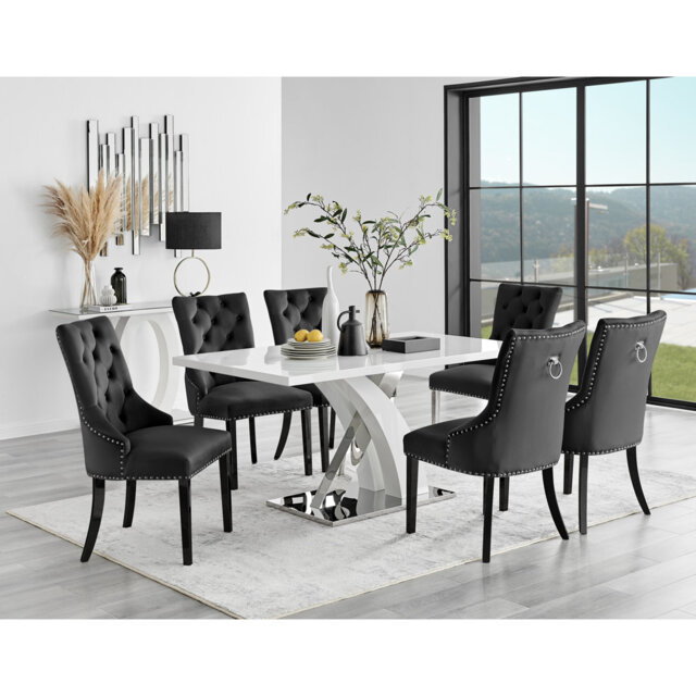 Marietta Chrome Metal & White High Gloss Dining Table Set - 6 Button Luxury Velvet Dining Chairs