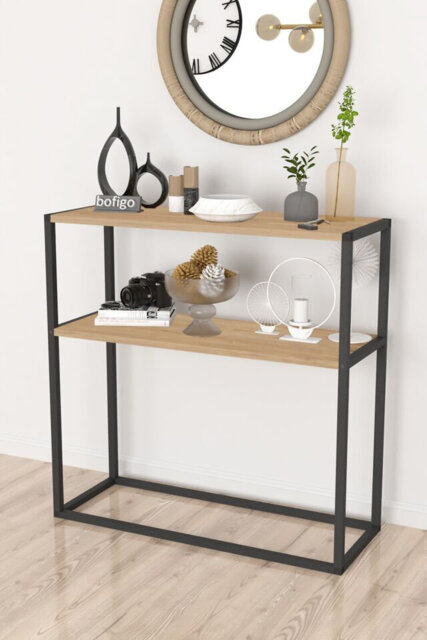 90cm Console Table Slim Modern 2 Shelf Wooden Free Standing With Metal Frame