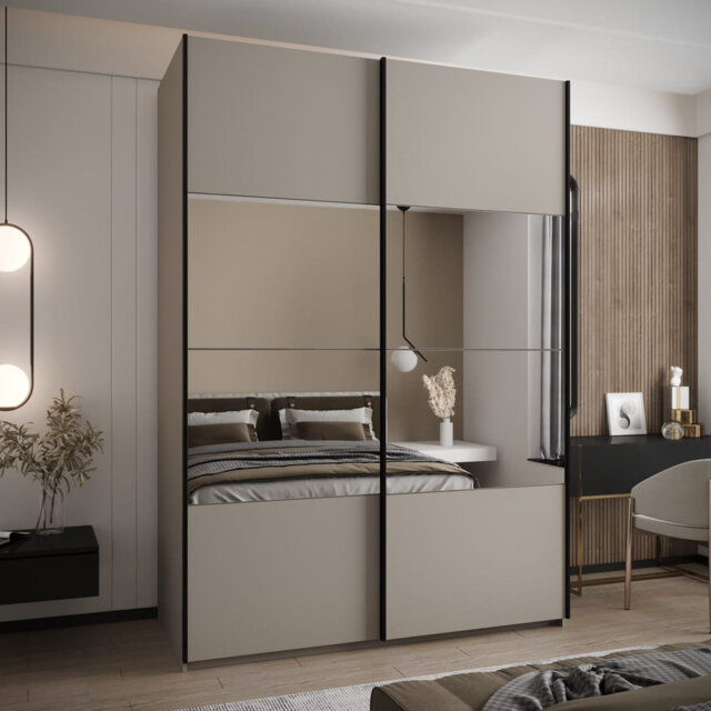 Trosa IV Sliding Door Wardrobe W170 cm with Mirrored Doors, 10 Shelves & Hanging Rail