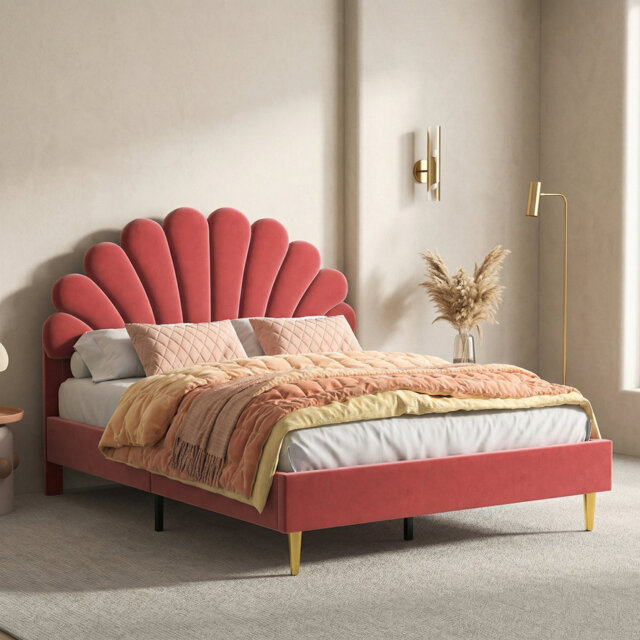 Single Bed Frame Kids Bed, Soft Velvet Upholstered Bed With Petal Shaped Adjustable Height Headboard, Platform Bed Frame With Slats, Easy Assembly, Be