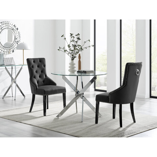 Tierra Modern Chrome Metal & Glass Round Dining Table Set with 2 Luxury Button Velvet Chairs
