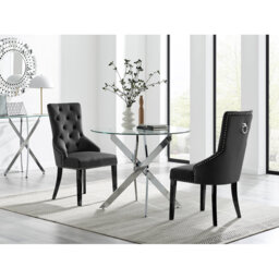 Tierra Modern Chrome Metal & Glass Round Dining Table Set with 2 Luxury Button Velvet Chairs
