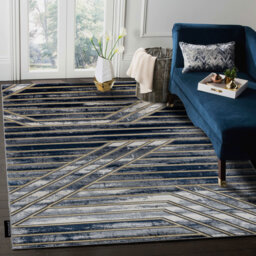 Modern DE LUXE rug for living rooms, bedrooms, lines - textured dark blue / gold