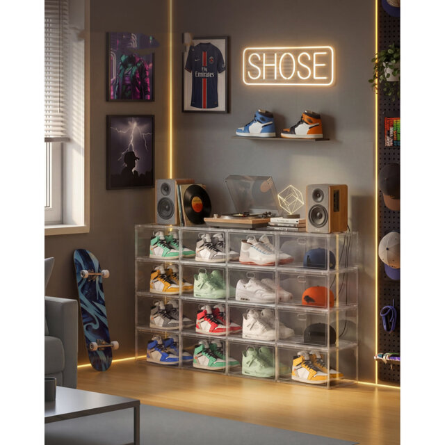Transparent Stackable Shoe Boxes, Storage Organisers, Plastic with Magnetic Door, Set of 3