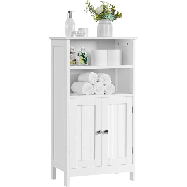 5-Tier Bathroom Floor Cabinet Double Door Wooden Storage Organizer with Adjustable Shelves Freestanding Modern Design