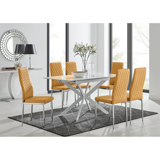 Eubanks Modern High Gloss Extendable Dining Table Set with x6 Luxury Faux Leather Dining Chairs