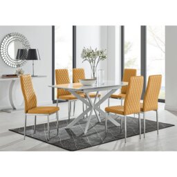 Eubanks Modern High Gloss Extendable Dining Table Set with x6 Luxury Faux Leather Dining Chairs