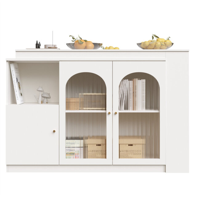 360° rotating bar table (main body 120 x 40 x 97 cm), modern and simple white rotating dining and bar cabinet, multifunctional storage cabinet with gl