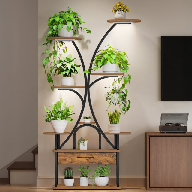 Plant Stand Indoor with Grow Lights, 9-Tier Plant Shelf with 4 RGB LED Lights, 164 cm Tall Flower Stand with Color and Timing Adjustable for Living Ro