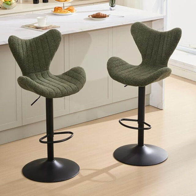 Wahson Bar Stools Set of 2 in Chenille Fabric Height Adjustable Modern Counter Chairs with Stylish Designed Backrest for Home Bar Restaurant, White