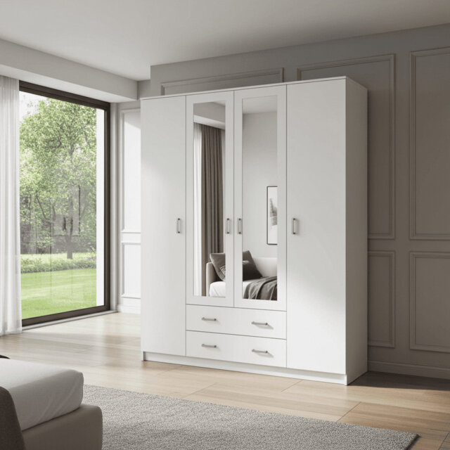 Niss White 3 Door Wardrobe With Mirror, Shelving, And Drawers Elegant Bedroom Storage Solution