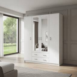 Niss White 3 Door Wardrobe With Mirror, Shelving, And Drawers Elegant Bedroom Storage Solution
