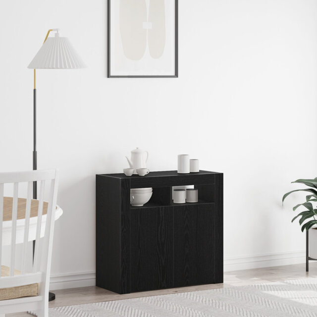 TV Cabinet Black Oak Engineered Wood 80 X 35 X 75 Cm Lights