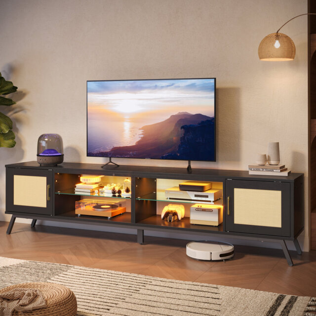 "203cm Tv Stand With Led for Tvs Up to 85"", Rattan Mid Century Modern Entertainment Center"