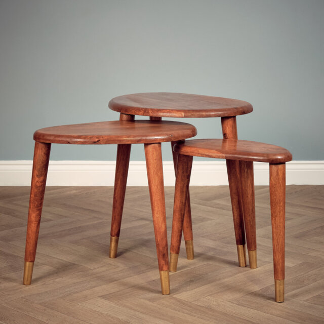 3 Piece Nesting Coffee Table Set – Solid Mango Wood Nest Of Tables In Light Oak Finish, Modern Wooden Side Tables For Living Room, Scandinavian Style
