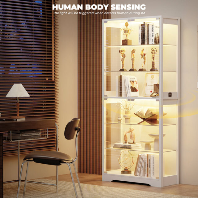 "71"" Display Cabinet with Glass Door, 6-Tier Curio Cabinet with 3 Color Lights"