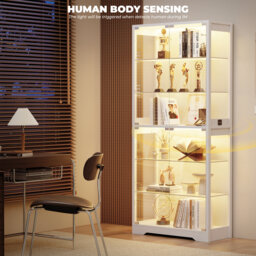"71"" Display Cabinet with Glass Door, 6-Tier Curio Cabinet with 3 Color Lights"