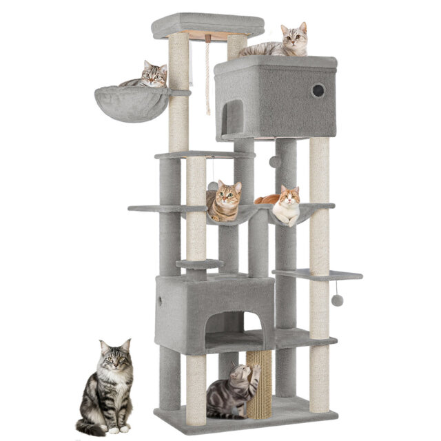 185 cm Large Cat Tree, XL Heavy Tall Cat Tower for Maine Coon, Multi-level Cats Climbing Tower with 2 Condos and 10 Sisal, 2 Hammocks