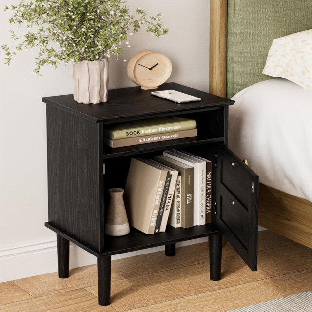 Wooden Bedside Cabinet With Door & Open Top Shelf – Side Table For Bedroom & Living Room,Fits Small Space