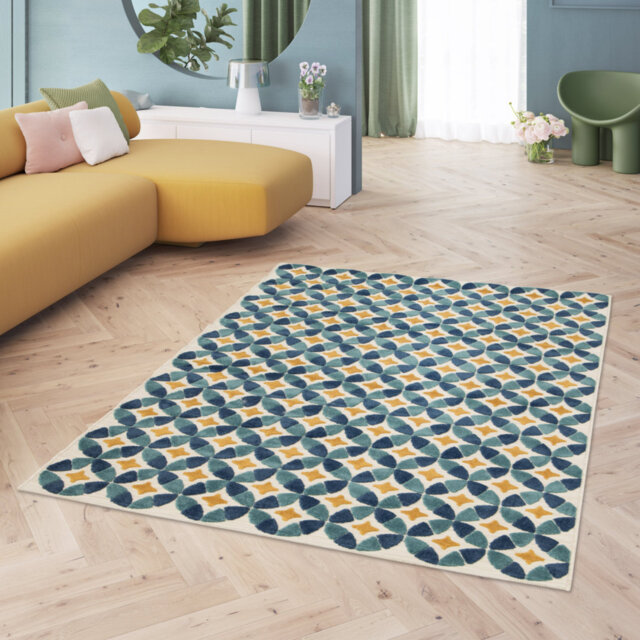 Grubb Geometric Machine Woven Relief Indoor Outdoor Petrol Area Rug