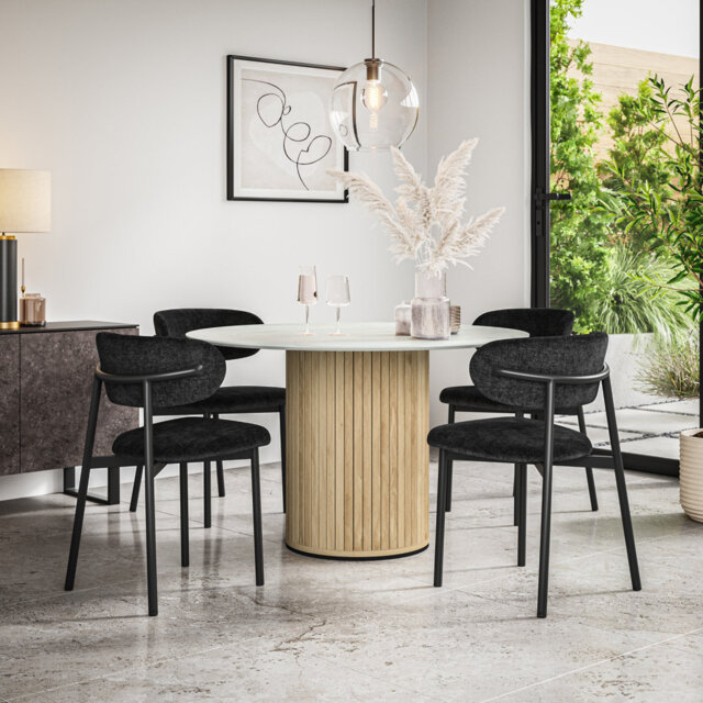 Arlo Marble Table Top W Oak Legs Myla Linen Dining Chair Grey