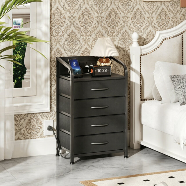Black Bedside Cabinet with Drawers & Charging Station, Multifunctional Storage Nightstand for Bedroom Living Room Hallway Entryway