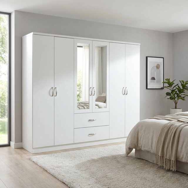 White 6 Door 2 Drawer Mirrored Wardrobe With Chrome Handles