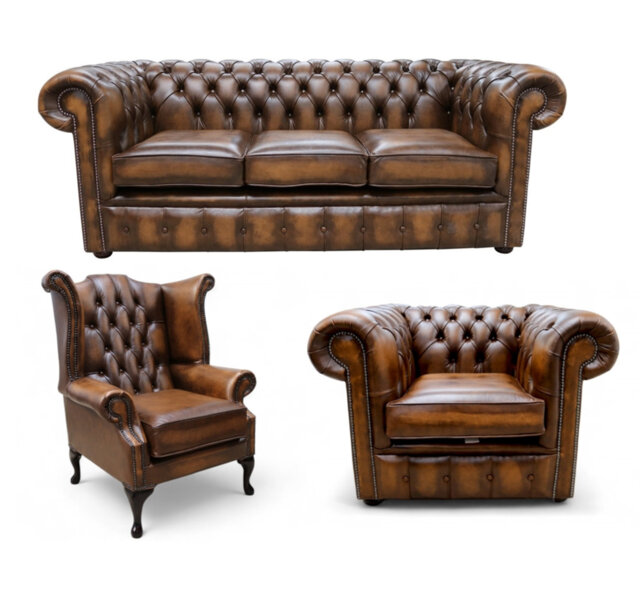 Chesterfield 3 Piece Suite. 3 Seater Sofa + Club Chair + Queen Anne Wing Chair Leather Sofa Suite Offer Antique