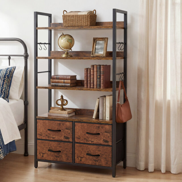 4-Tier Bookcase With 4 Drawers & 4 Hooks, 80W×30D×146H Cm ,Brown