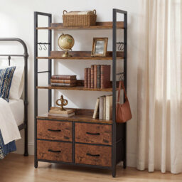 4-Tier Bookcase With 4 Drawers & 4 Hooks, 80W×30D×146H Cm ,Brown