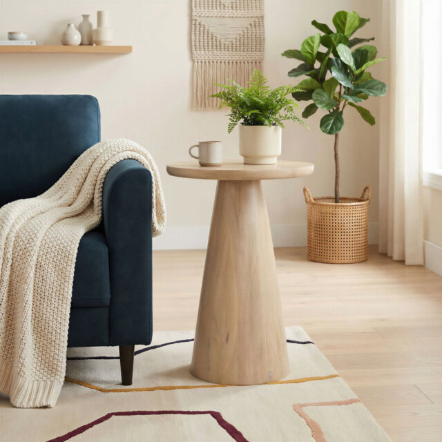 Axel Round Tapered Pedestal White Oak Stained Wooden Side End Table - Sleek Minimalist Design